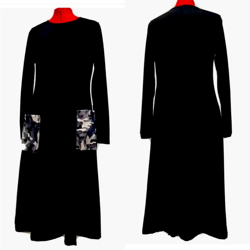 Go Couture Knit Dress with Pockets Long Sleeve Black/Camouflage